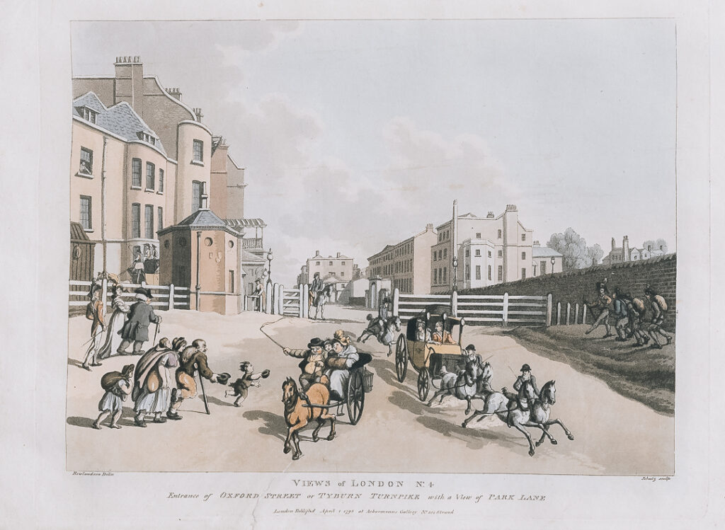 "Views of London. No.4 / Entrance of Oxford Street or Tyburn Turnpike, with a view of Park Lane", by Thomas Rowlandson. Courtesy: The British Library